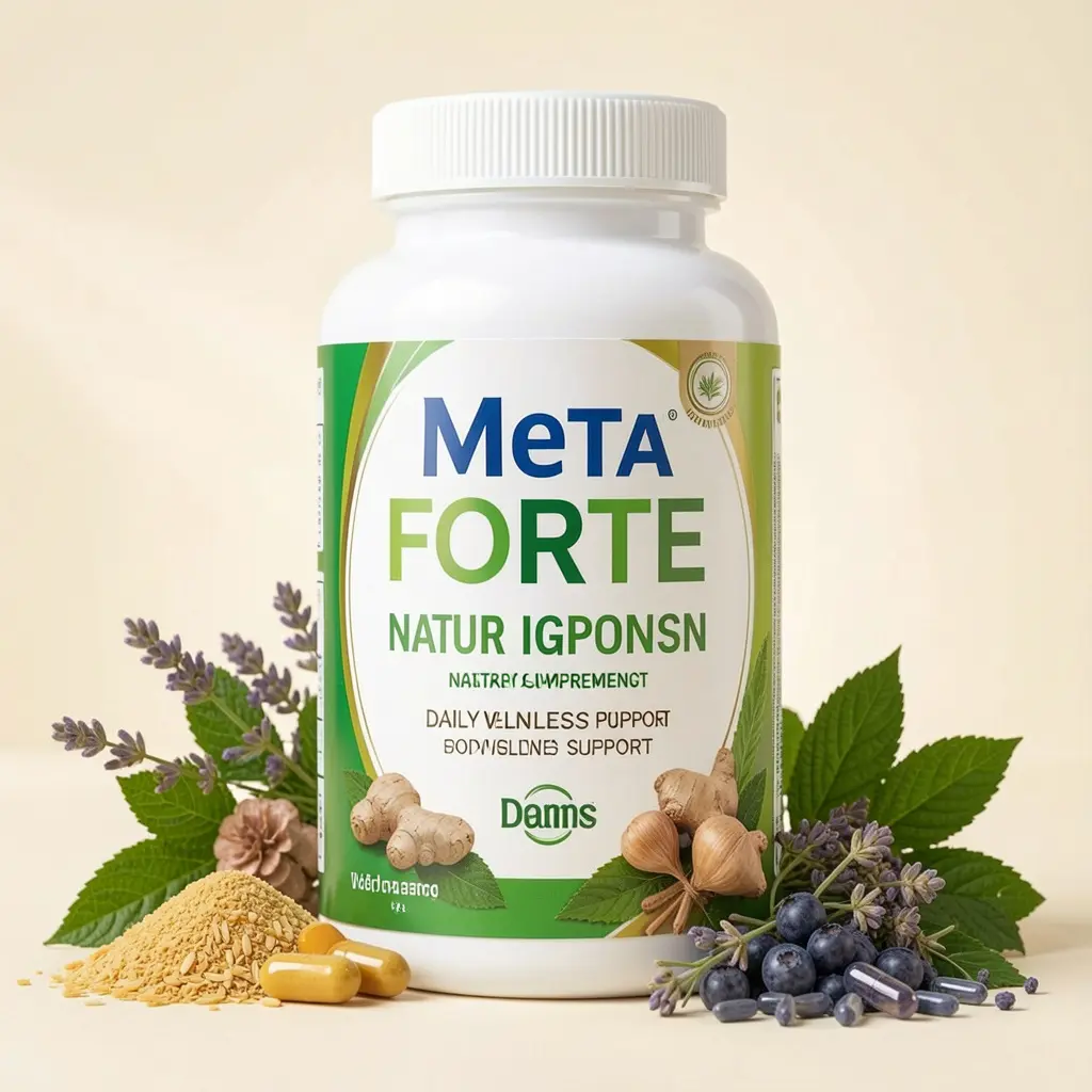 Meta Forte dietary supplement bottle with natural ingredients for daily wellness support